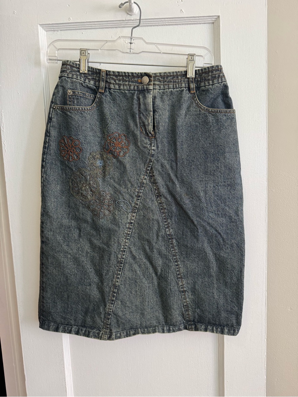Embroidered Dark Denim Y2K Midi Skirt - Women